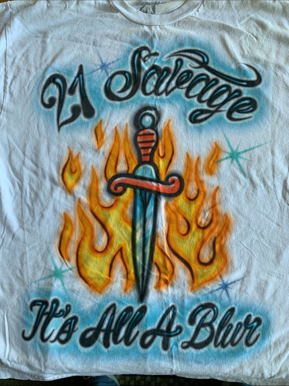 21 Savage concert T-shirt with Orange Flames and Teal Accents